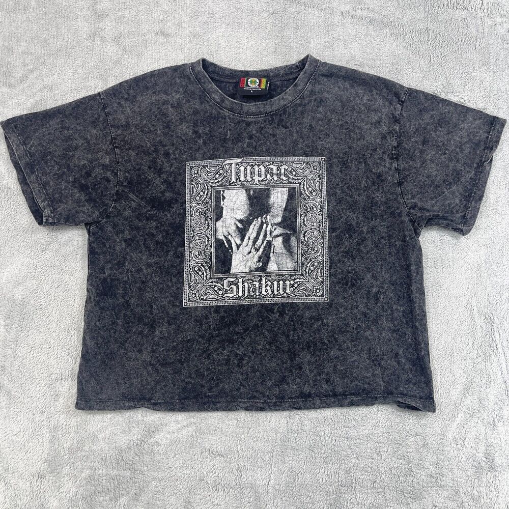 Cross Colours Tupac Shakur T-Shirt Women's Large Black Boxy Crop Cotton Pullover